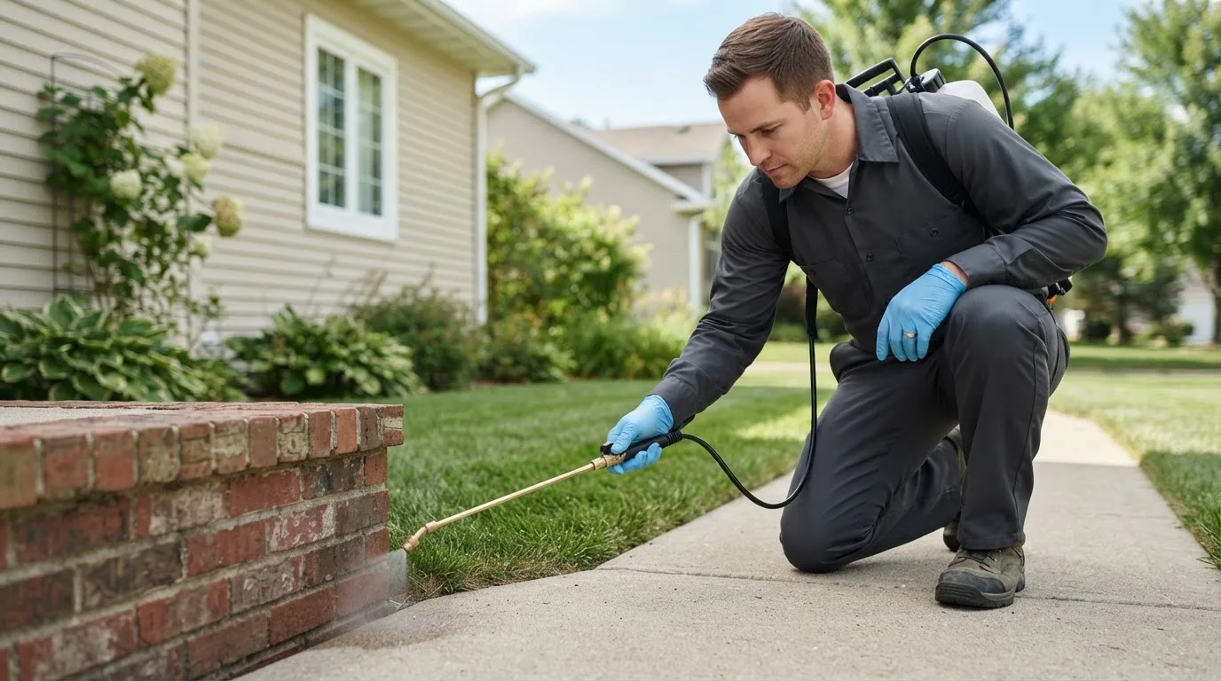 Pest control technician treating a home near Collinsville, AL