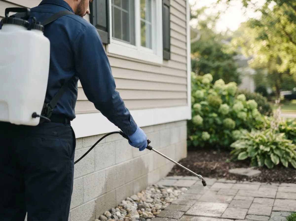Pest control technician inspecting a home in Collinsville, AL